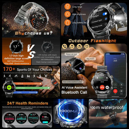 Smart Watch Military Grade Outdoor Fitness Tracker 10ATM Water-Resistant 100 Plus Sports Modes Fall 2025 Gift