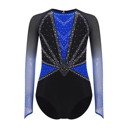 Girls' Stretchy Leotard - flattering, rhinestone-detailed, long-sleeve, mesh-panel, polyester elastane, for gymnastics