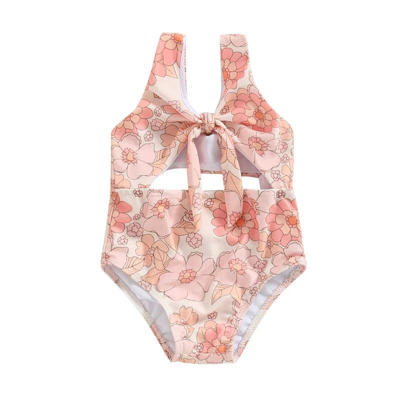 Plush Toddler Girls' One-Piece Swimsuit - Floral Print Bow-Tie Detail, Polyester, For Summer