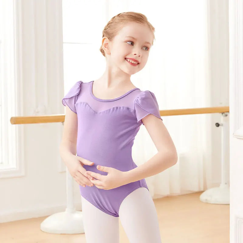girls' Stretchy ballet leotard - short sleeve, back bow detail, cotton-elastane, for dance class