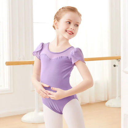girls' Stretchy ballet leotard - short sleeve, back bow detail, cotton-elastane, for dance class