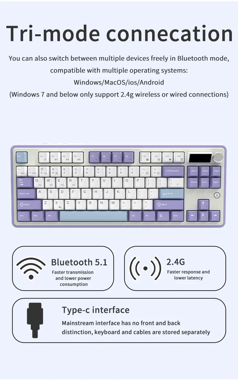 Keyboard Mechanical 87 Key Tri Mode RGB Hot Swappable
