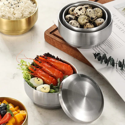 Steel Stainless Double Layer Rice Bowl With Lid Insulated