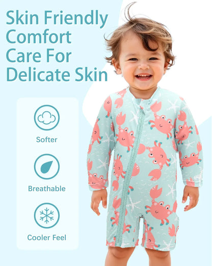 unisex Breathable long-sleeve rash guard - one-piece swimsuit, UPF 50+, pineapple print, for babies and toddlers