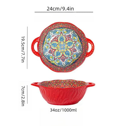 Soup Ceramic Bowl Bohemian Handle Embossed Microwave