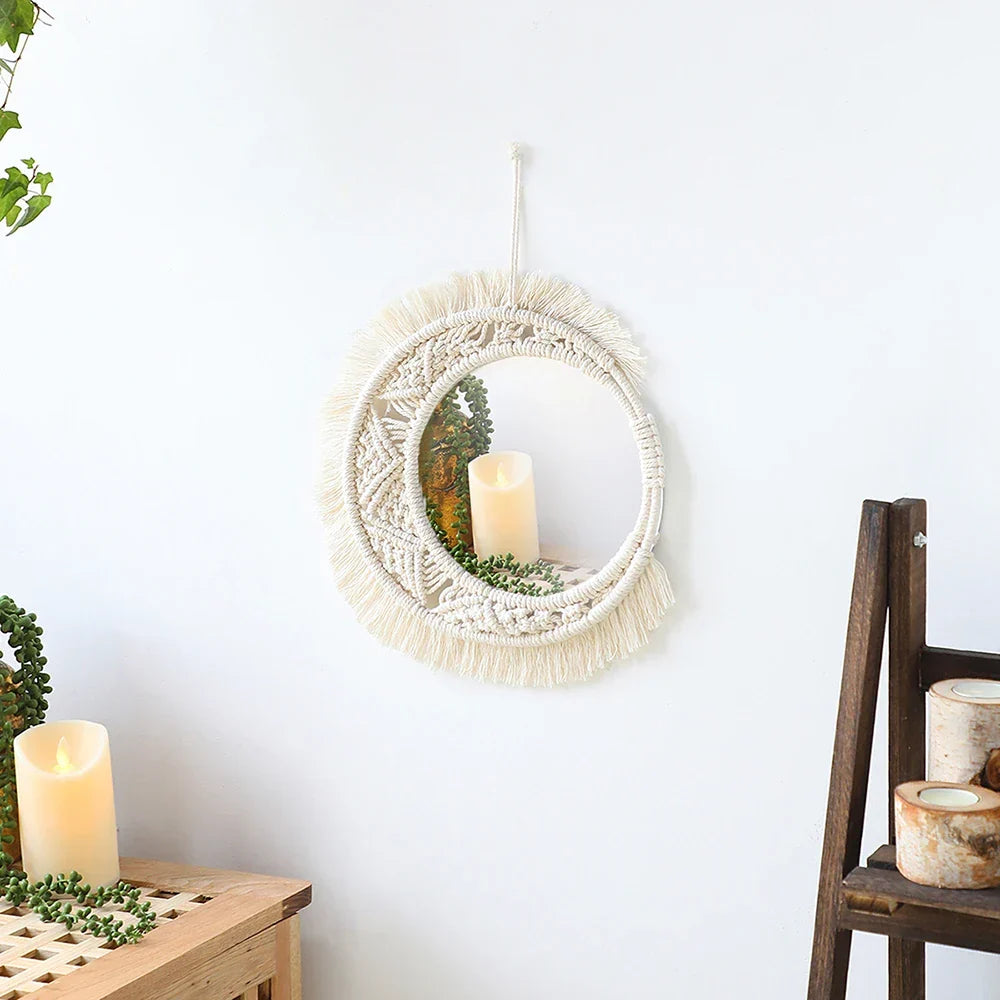 Macrame Mirror Kit Cotton Fringe Boho Wall Hanging Mirrors Fall 2025 Cozy Nursery Household Decor Gift