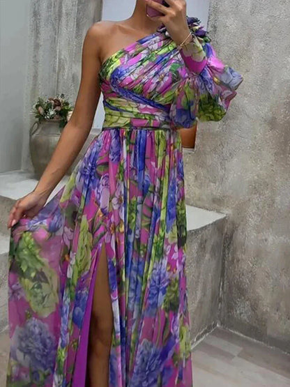 Lilac Maxi Dress with Side Slit and Capucine Print, Elegant Long Dress for Women, Fluid Fabric for Casual and Formal Occasions-2