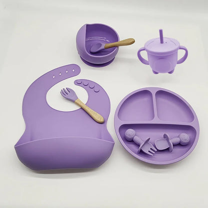 Baby Silicone Tableware Kit 8 Piece Suction Bowls Divided Plate Bib Spoon Fork Fall 2025 Self Feeding Aid