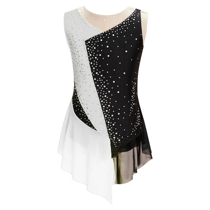 Flattering Stretchy Girls' Dance Leotard - Sleeveless Rhinestone Mesh Top, Polyester, Nylon, Elastane, For Competition