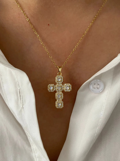 Pendant Cross Necklace Gold Tone - Cubic Zirconia Jewelry, Stainless Steel Chain, Fall 2026 Gift Idea
