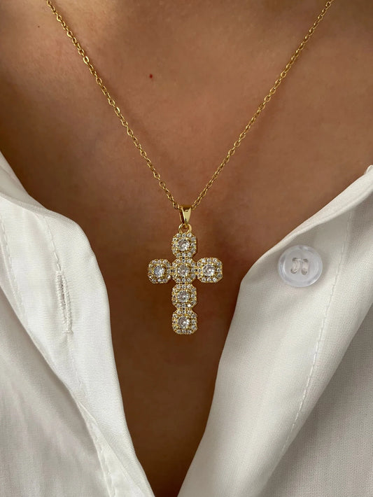Pendant Cross Necklace Gold Tone - Cubic Zirconia Jewelry, Stainless Steel Chain, Fall 2026 Gift Idea