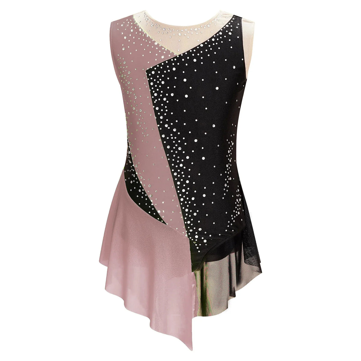 Flattering Stretchy Girls' Dance Leotard - Sleeveless Rhinestone Mesh Top, Polyester, Nylon, Elastane, For Competition
