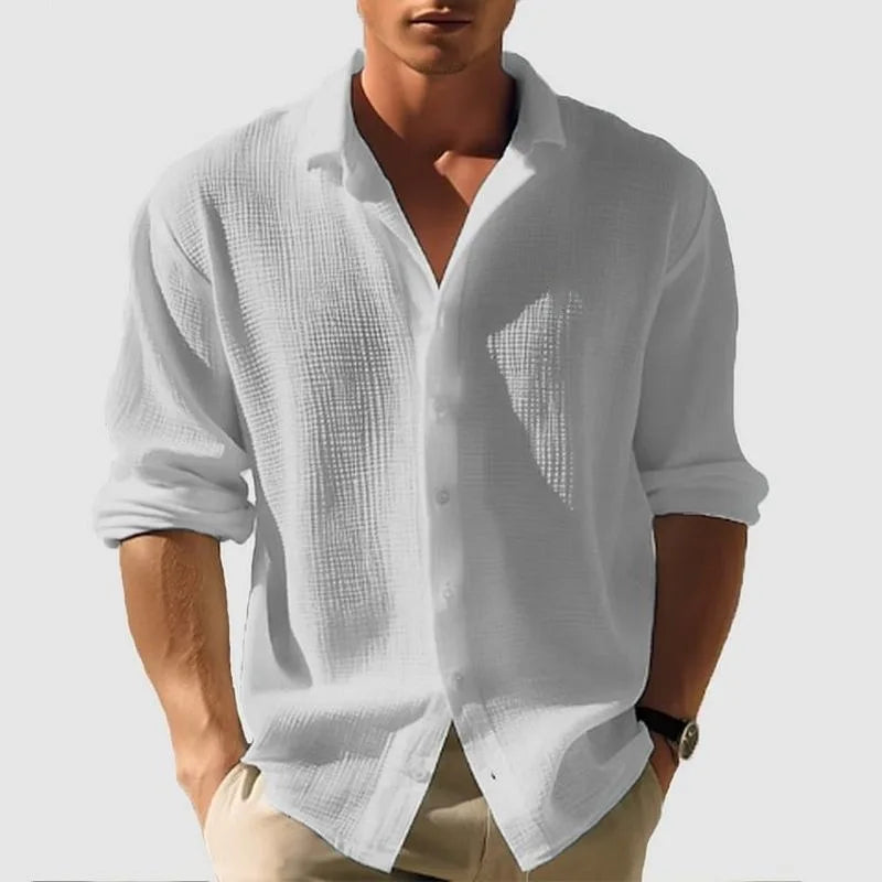 Long-Sleeved Men's Waffle Shirt - Casual Fashion Black Cardigan for Spring