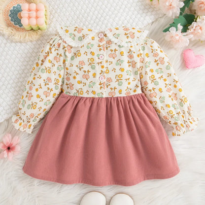 Plush baby girl dress - floral long sleeve, polyester, for classic spring and autumn wear