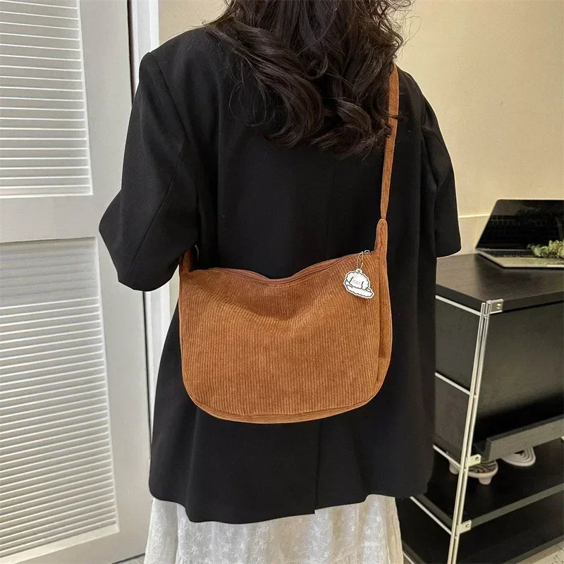 Corduroy Crossbody Bag Large Capacity Beige Shoulder Bag Fall 2026 Regular Use