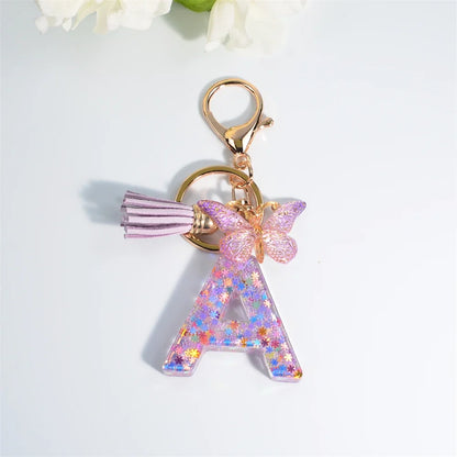 Letter Sequin Keychain With Butterfly Tassel Charm