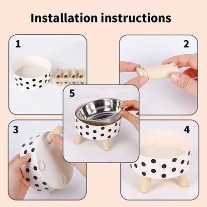 A Cat Bowl For Cats And Dogs - Tall Polka-Dot Stainless Steel Bowl, Anti-Overturn Design, Great for Drinking Water and Food