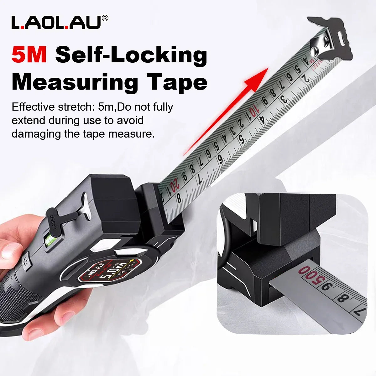 Type-C Battery-Powered Class II Laser Auto-Lock Device 2026 – LAOLAU 2-in-1 Laser Tape Measure 5M/16FT