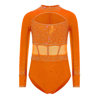 Girls' Stretchy Leotard - flattering, rhinestone-detailed, long-sleeve, mesh-panel, polyester elastane, for gymnastics