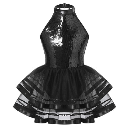 Light girls' leotard - sequined skirted tutu, polyester, for ballet and dance performances