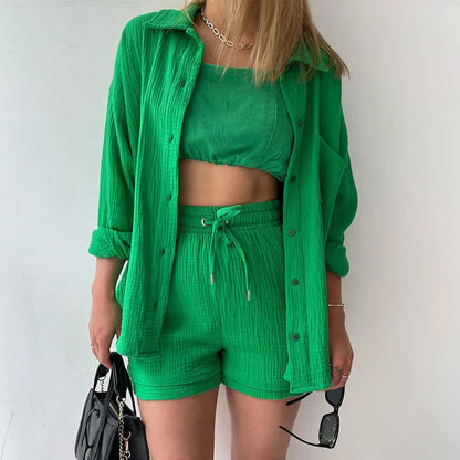 Women Two-Piece Kit Orange Wrinkled Lapel Shirt & High-Waisted Shorts Fashion Suit