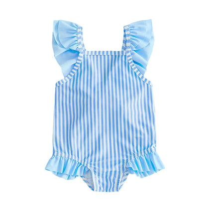 Baby Breathable Girls Swim Romper - Striped Print, Flutter Sleeves, Polyester-Elastane Blend, For Pool and Beach