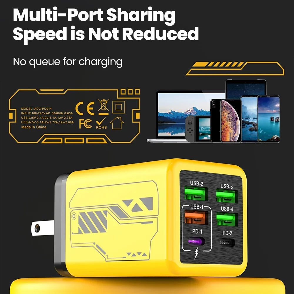 USB2026 Edition C Charger 6-Port Fast Charge, 4 USB A 2 Type-C PD3.0, EU UK US Plug, Back to School