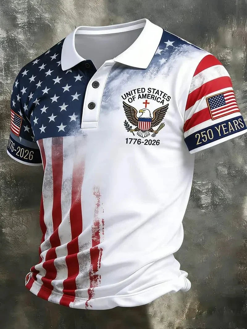 flag-printed USA 250th anniversary design, Fourth of July casual wear – Breathable men's polo shirt