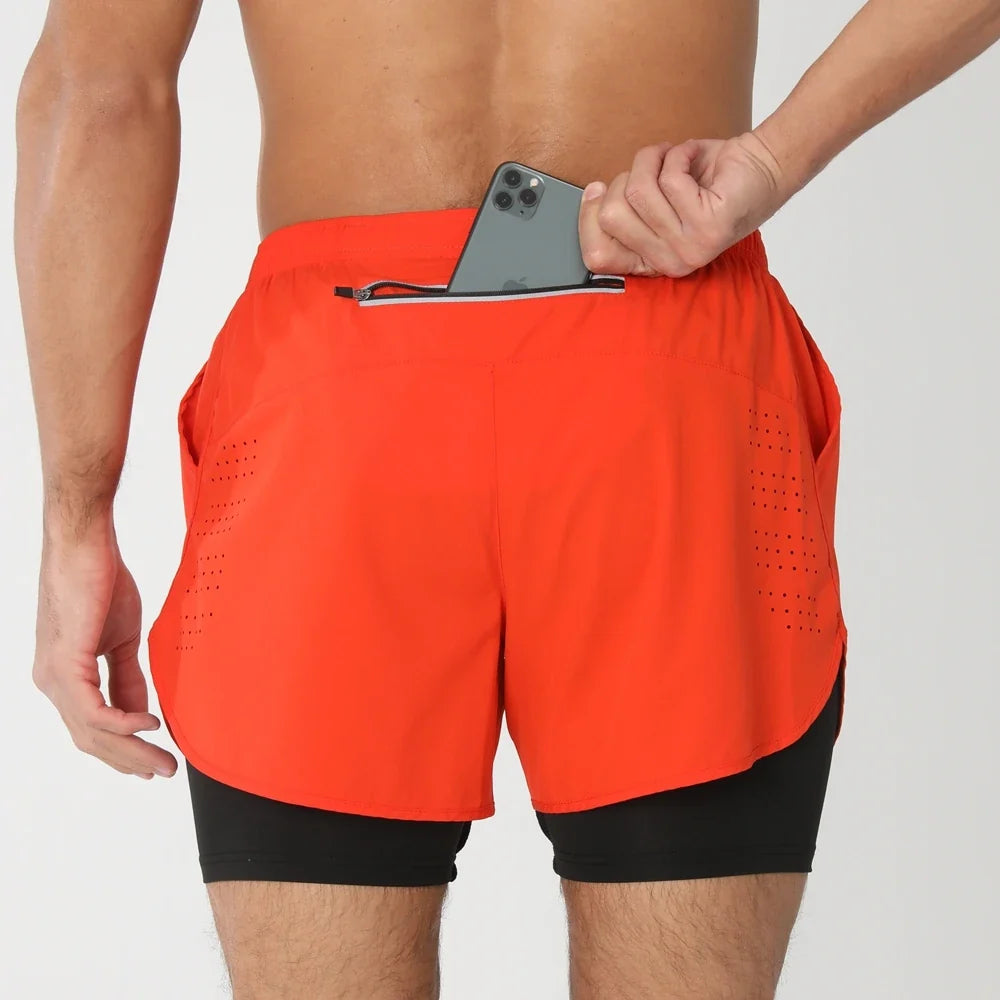 Fast-dry men's 2-in-1 running shorts - lightweight lined, polyester, for gym and summer training