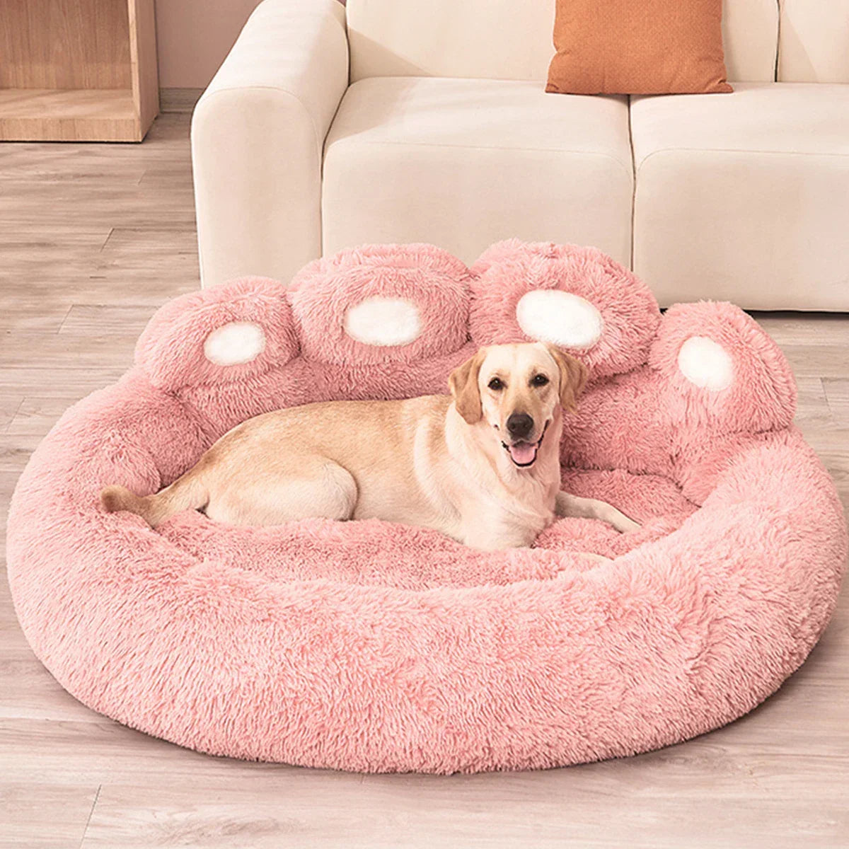 Bed Dog Plush Round Sofa Style Bed For Pets, Fall 2025 Cozy Washable Plush Bed With Paw Backrest Support