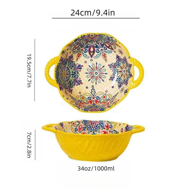 Soup Ceramic Bowl Bohemian Handle Embossed Microwave