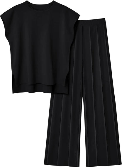 Sleeveless Round-Neck Knit Top, High-Waist Wide-Leg Trousers For Summer – Plush Relaxed Women’s Two-Piece Pant Kit