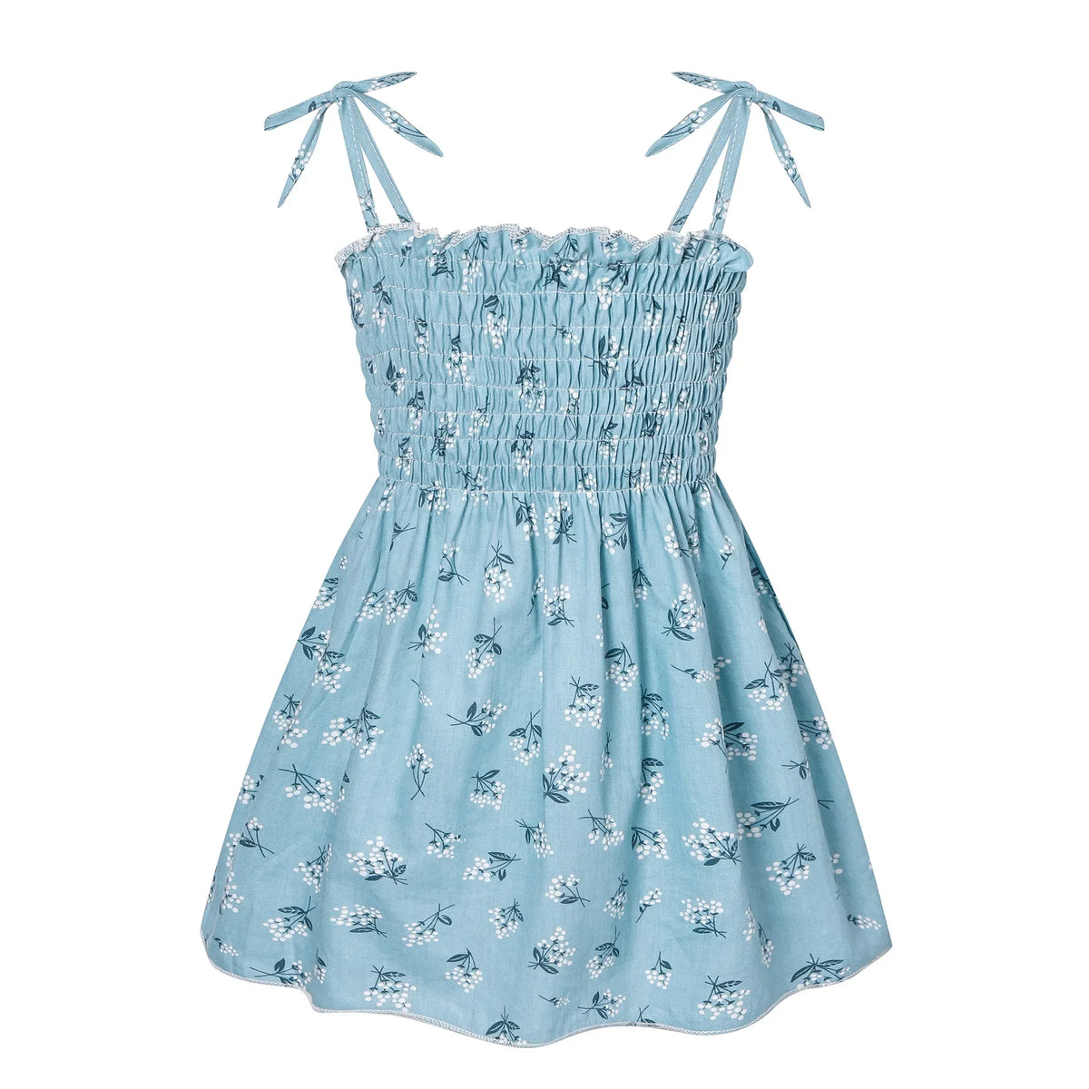 Plush girls' sundress - smocked bodice, daisy print, polyester, for casual summer outings