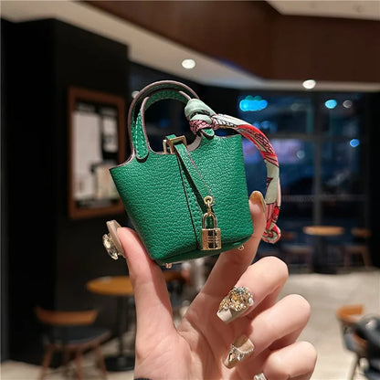 Inspired Birkin Mini Hand Bag - Leather Basket Bag Charm Keychain & Earphone Case