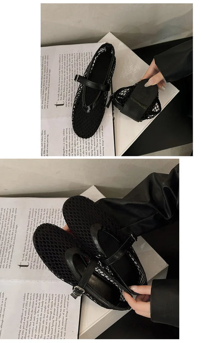 Women Breathable Mesh Ballet Flats - Strappy Round Toe