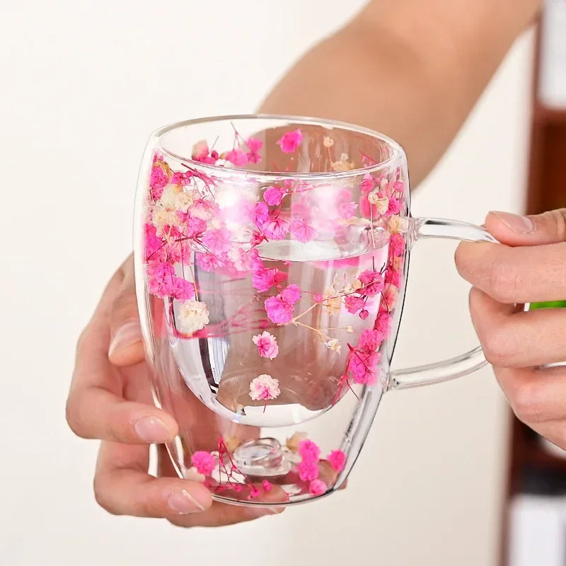 Wall Double Glass Cup with Handle Dried Flower Decorated Ins Style Mug 300ML