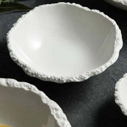 White Porcelain Rock Edge Soup Bowl Contemporary Tableware