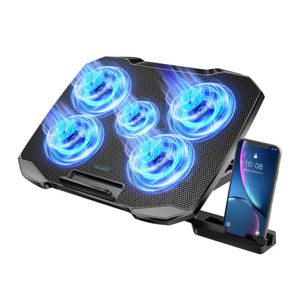 Laptop Cooling Pad with 5 Quiet Fans, Flexible Height & Phone Holder - Compatible with 12-15.6 Inch Laptops
