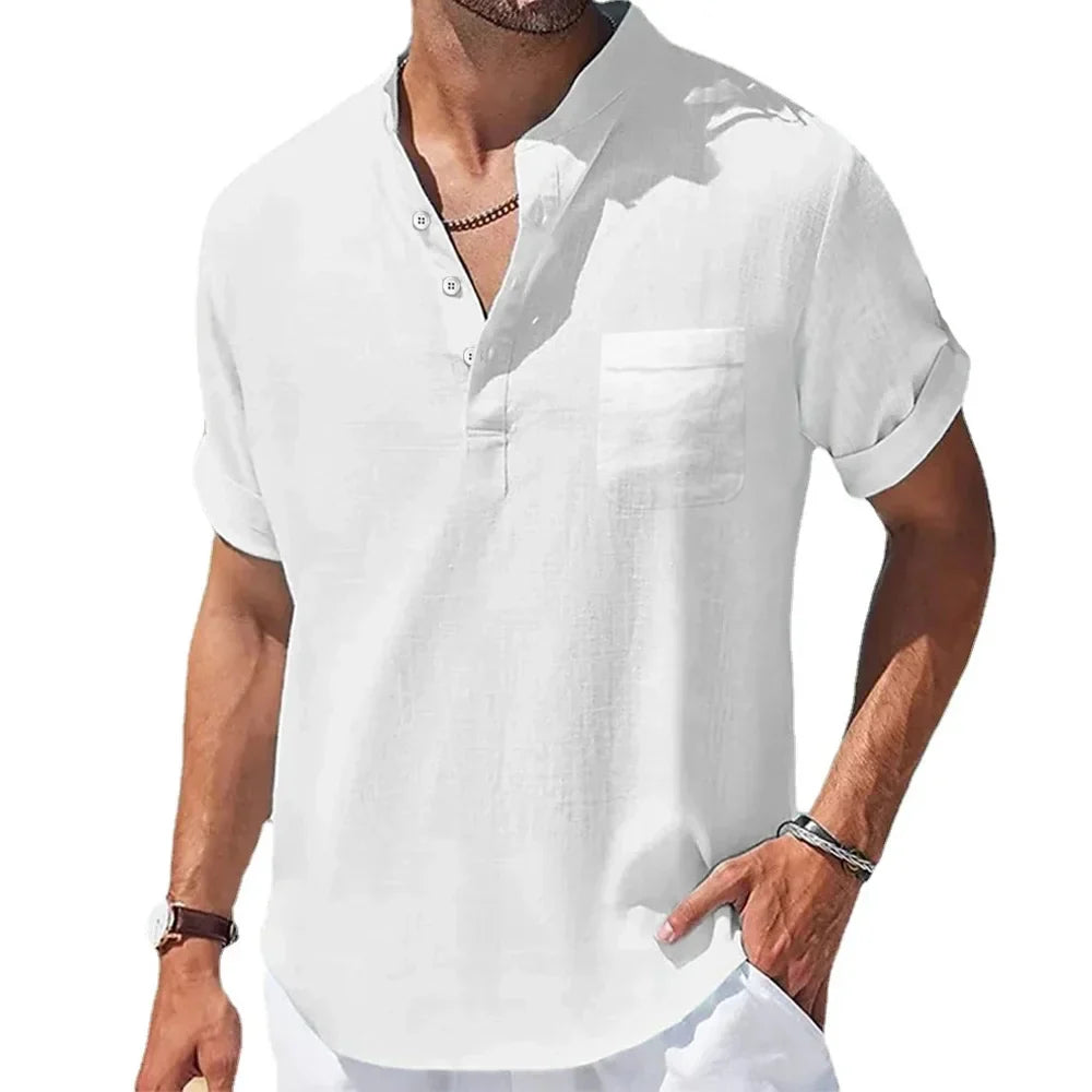 Variant image for Men's Summer Shirt, Breathable Cotton and Linen Blend with Henry Collar, Lightweight and Casual Fit-19