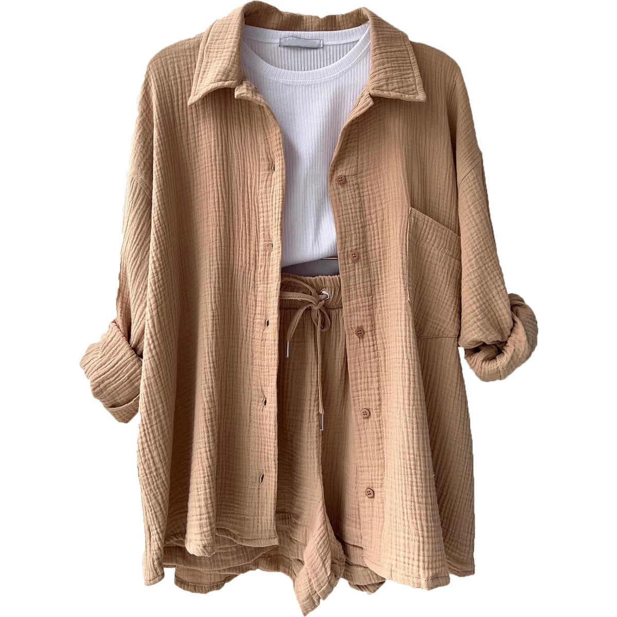 Women Two-Piece Kit Orange Wrinkled Lapel Shirt & High-Waisted Shorts Fashion Suit