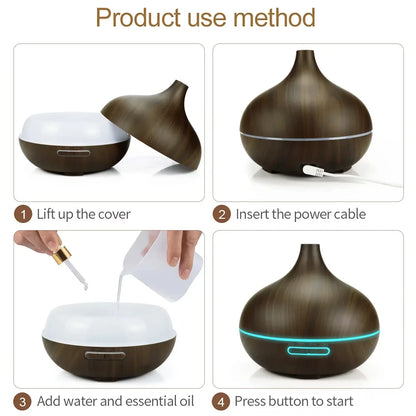 Air Humidifier Aromatherapy Essential Oil Diffuser 500ml Wood Grain Remote Control with 7 Color Lights for Household