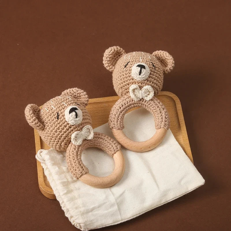 Bear Crochet Teether Rattle Ring Newborn Sensory Toys
