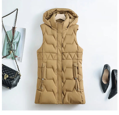 Light Cozy Women Long Puffer Vest - Hooded Down