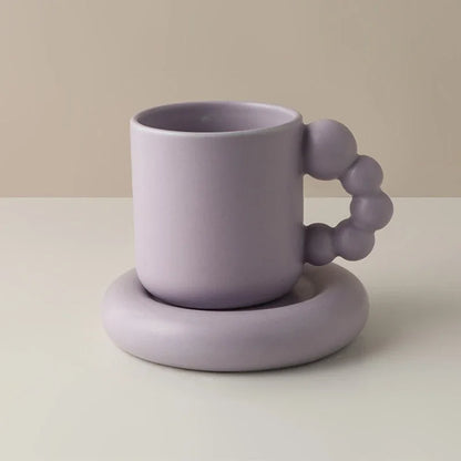 Ceramic Coffee Mug With Tray Beaded Handle Scandinavian Handmade Cup Fall 2025 Gift Decorative Serving
