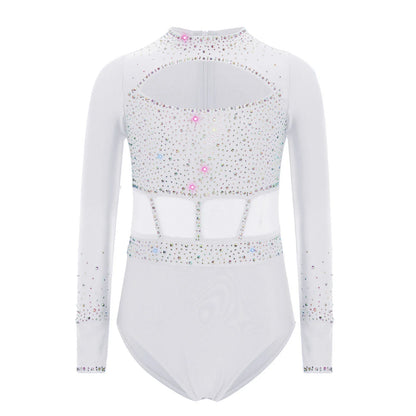 Girls' Stretchy Leotard - flattering, rhinestone-detailed, long-sleeve, mesh-panel, polyester elastane, for gymnastics