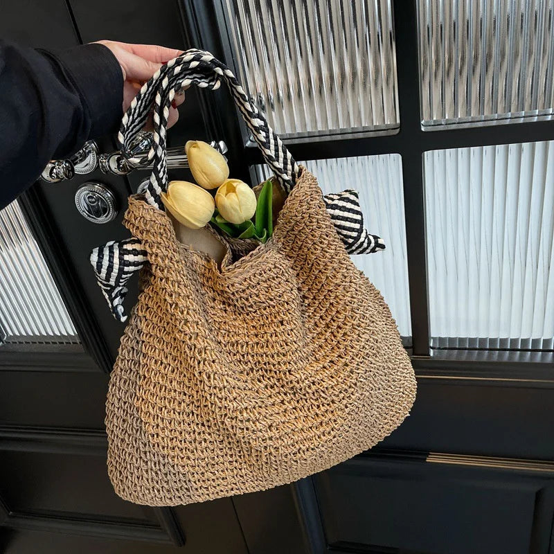 Straw2026 Edition Beach Bag - Large Capacity Woven Tote With Knot Shoulder Straps, Summer