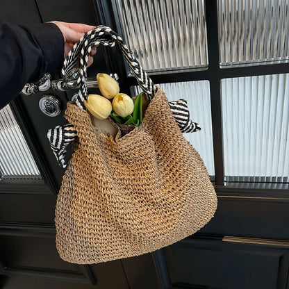 Straw2026 Edition Beach Bag - Large Capacity Woven Tote With Knot Shoulder Straps, Summer