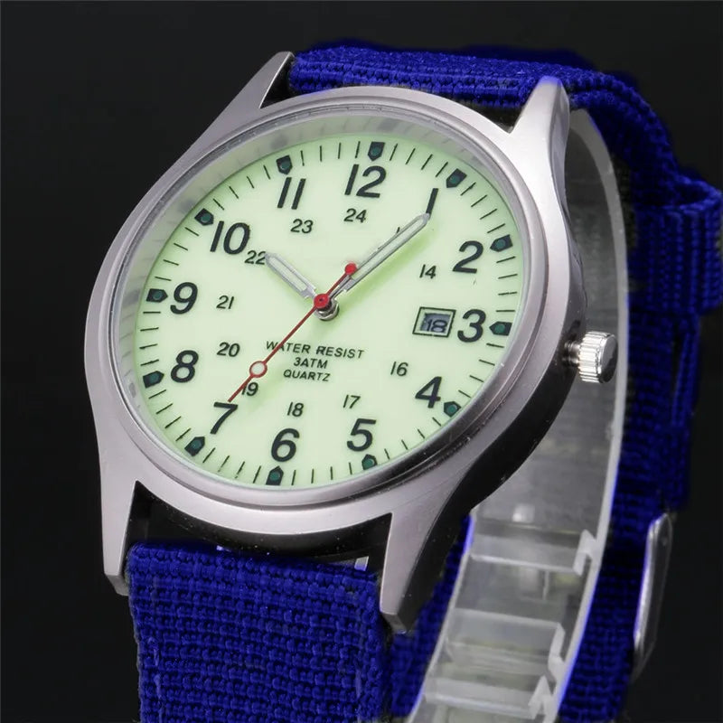 Field Quartz Watch Nylon Strap Military Style Date Luminous