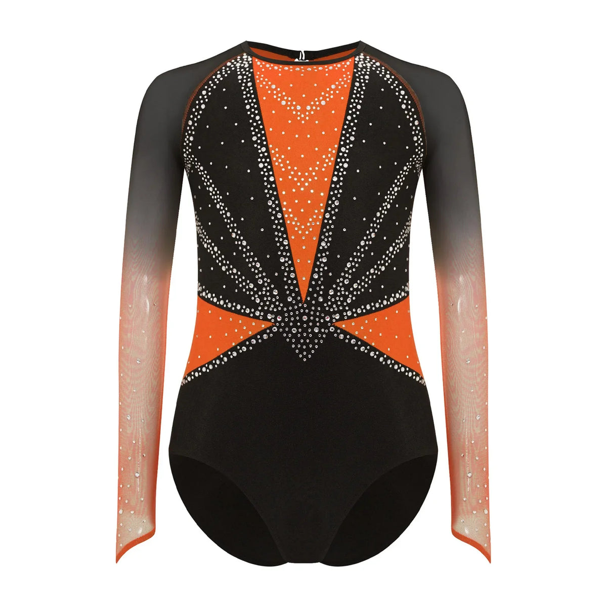 Girls' Stretchy Leotard - flattering, rhinestone-detailed, long-sleeve, mesh-panel, polyester elastane, for gymnastics