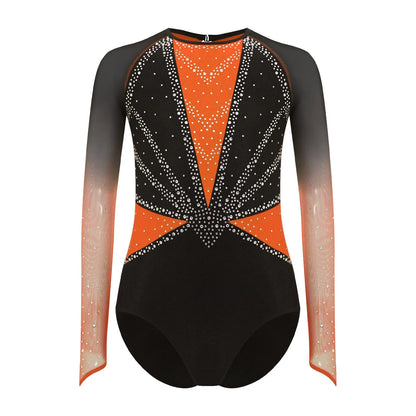 Girls' Stretchy Leotard - flattering, rhinestone-detailed, long-sleeve, mesh-panel, polyester elastane, for gymnastics